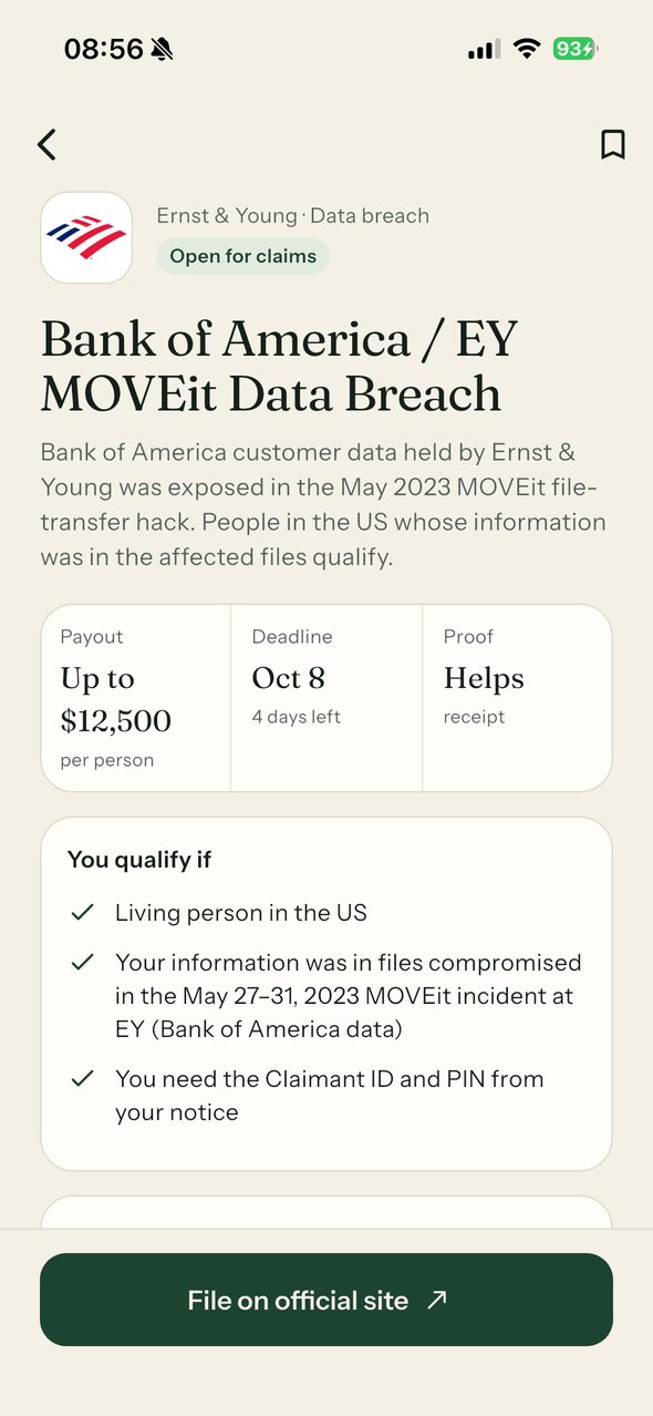 Settlement detail screen for the Bank of America / EY MOVEit data breach