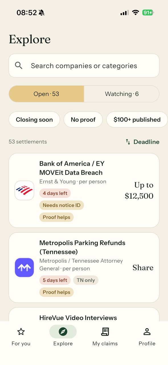 Explore screen listing open settlements