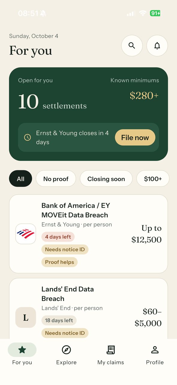 Claim For you screen: 10 open settlements with $280+ in known minimums
